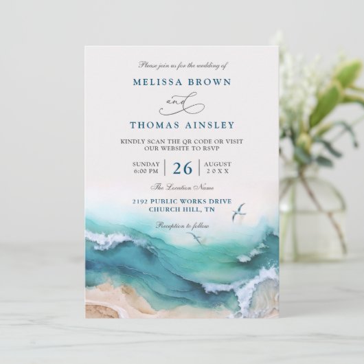 Invitation Coastal the Beach Destination QR Code Wedding (Debout devant)
