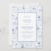 Invitation Coastal Toile Lighthouse Blue Wedding (Devant)