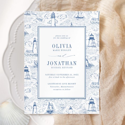 Invitation Coastal Toile Lighthouse Blue Wedding
