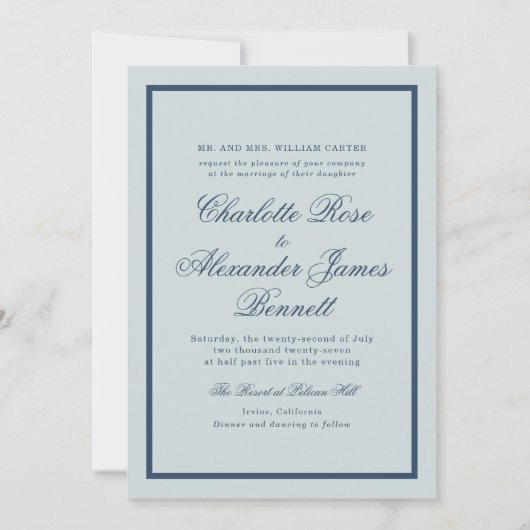 Invitation Coastal Wedding Dusty Blue Classic Script (Devant)