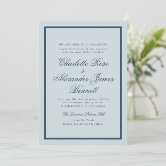 Invitation Coastal Wedding Dusty Blue Classic Script (Debout devant)