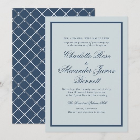 Invitation Coastal Wedding Dusty Blue Classic Script (Devant / Derrière)