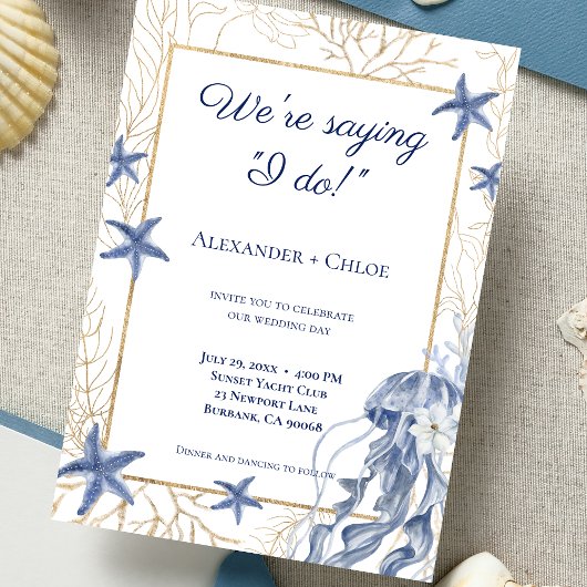 Invitation Coastal Wedding Navy Blue Gold