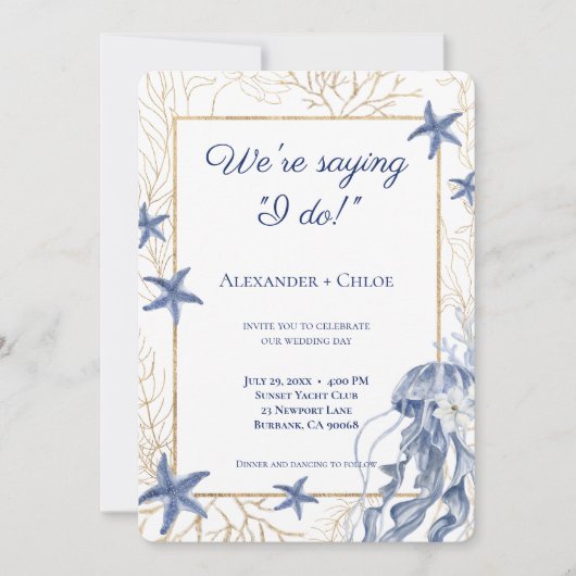 Invitation Coastal Wedding Navy Blue Gold (Devant)