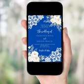 Invitation Cobal bleu blanc roses dentelle mariage