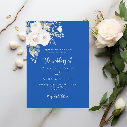Invitation Cobal bleu roses florales mariage