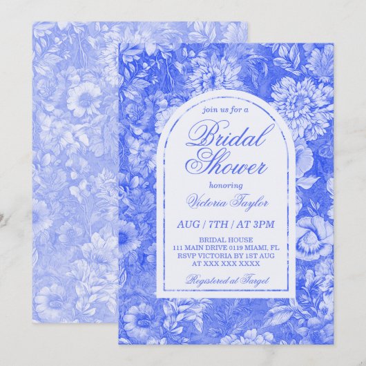 Invitation Cobalt Bleu Blanc Floral Chinoiserie Fête des mari (Devant / Derrière)