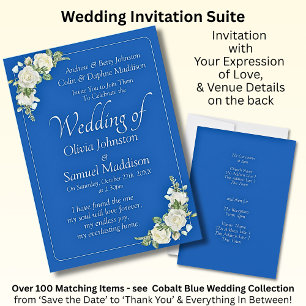 Invitation Cobalt Bleu et blanc Roses Mariage