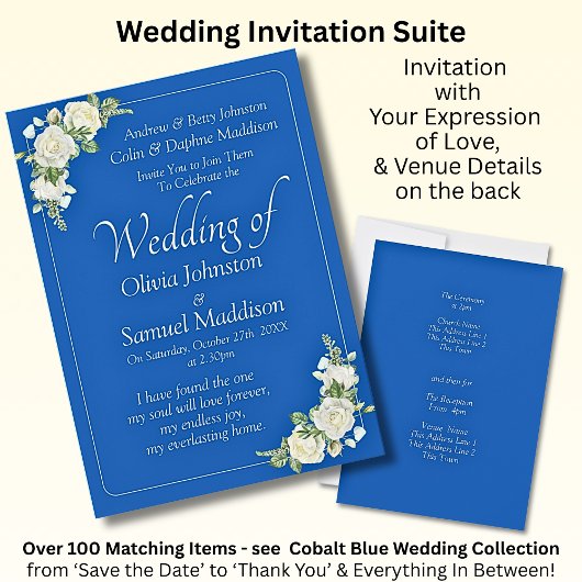 Invitation Cobalt Bleu et blanc Roses Mariage