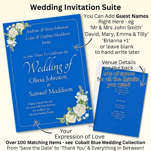 Invitation Cobalt Bleu et blanc Roses Mariage
