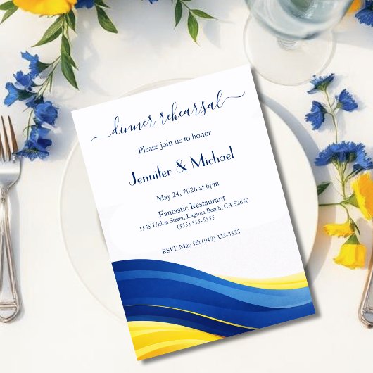 Invitation Cobalt Blue and Lemon Yellow Dinner Rehearsal 