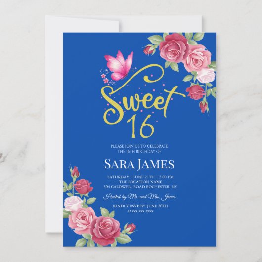 Invitation Cobalt Blue and Pink Floral Sweet 16 Birthday (Devant)