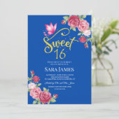 Invitation Cobalt Blue and Pink Floral Sweet 16 Birthday (Debout devant)
