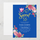 Invitation Cobalt Blue and Pink Floral Sweet 16 Birthday (Devant / Derrière)
