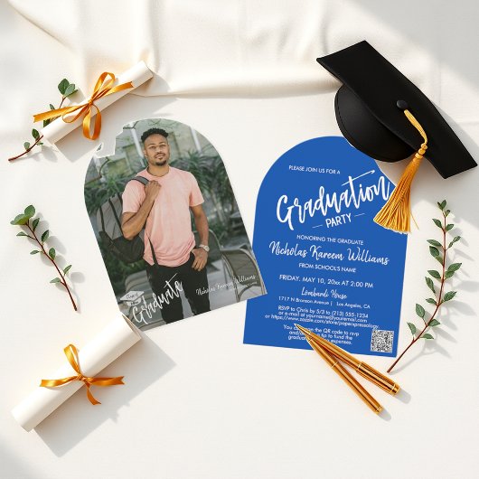 Invitation Cobalt Blue Arch Photo Graduation Party QR Code