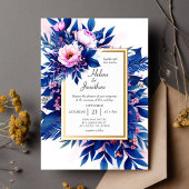 Invitation Cobalt Blue Blush Rose Floral Élégant Mariage