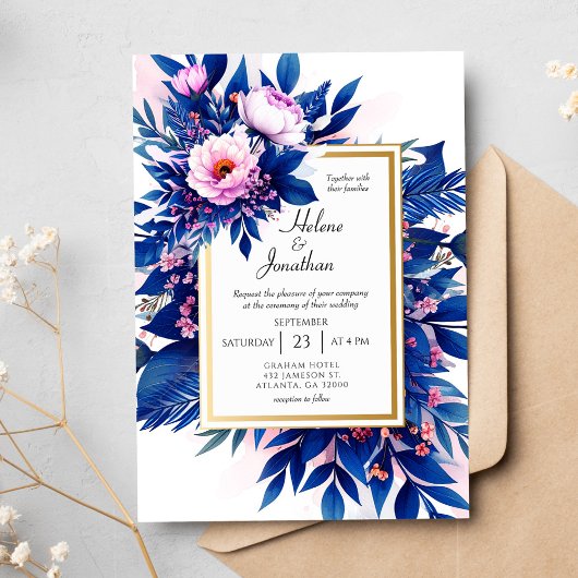 Invitation Cobalt Blue Blush Rose Floral Élégant Mariage