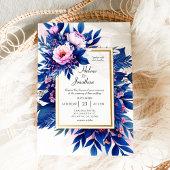 Invitation Cobalt Blue Blush Rose Floral Élégant Mariage