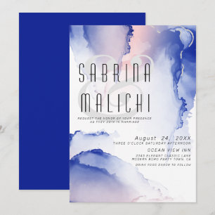Invitation CObalt Blue Blush Rose Moderne Fluid Ink Invitatio