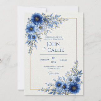 Invitation Cobalt Blue Botanical Gold Line Frame Wedding
