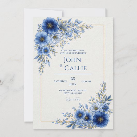 Invitation Cobalt Blue Botanical Gold Line Frame Wedding (Devant)