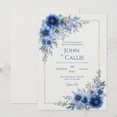 Invitation Cobalt Blue Botanical Gold Line Frame Wedding (Devant / Derrière)