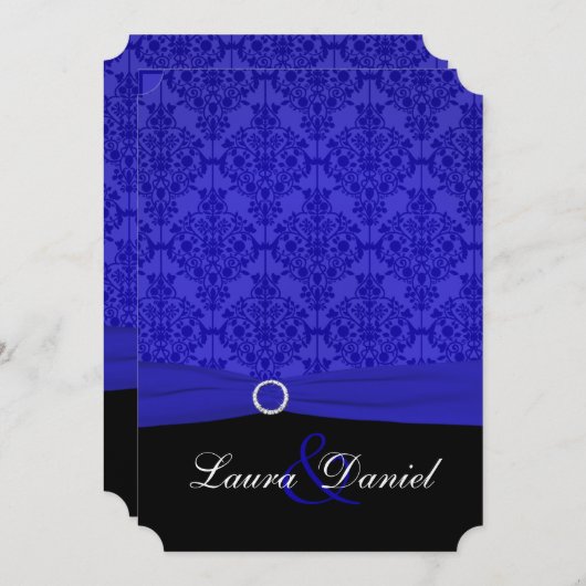 Invitation Cobalt Blue et Black Mariage damassé (Devant / Derrière)