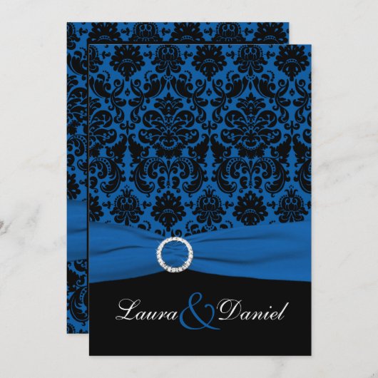 Invitation Cobalt Blue et Black Mariage damassé (Devant / Derrière)