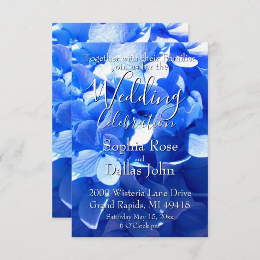 Invitation Cobalt blue floral elegant blue hydrangeas Wedding (Devant / Derrière)