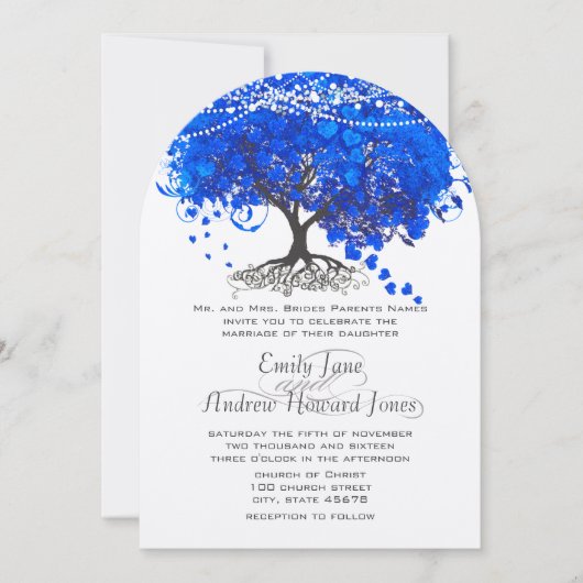 Invitation Cobalt Blue Heart Leaf Tree Mariage (Devant)