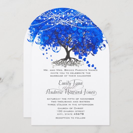 Invitation Cobalt Blue Heart Leaf Tree Mariage (Devant / Derrière)