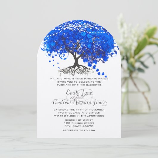 Invitation Cobalt Blue Heart Leaf Tree Mariage (Debout devant)