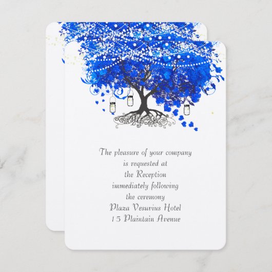 Invitation Cobalt Blue Heart Leaf Tree Mariage (Devant / Derrière)