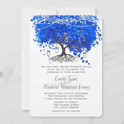 Invitation Cobalt Blue Heart Leaf Tree Mariage (Devant)