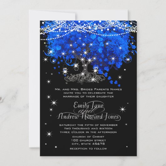 Invitation Cobalt Blue Heart Leaf Tree Wedding (Devant)