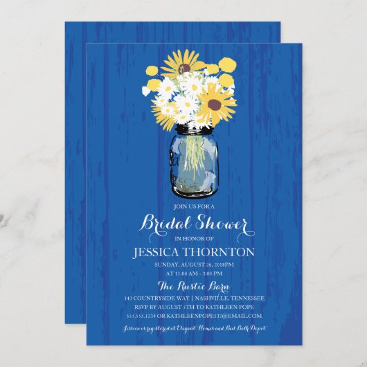 Invitation Cobalt Blue Mason Jar Sunflowers | Fête des mariée (Devant / Derrière)