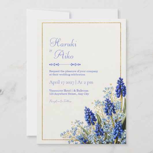 Invitation Cobalt Blue Muscari Botanical Gold Frame Wedding (Devant)