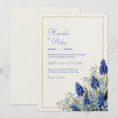 Invitation Cobalt Blue Muscari Botanical Gold Frame Wedding (Devant / Derrière)