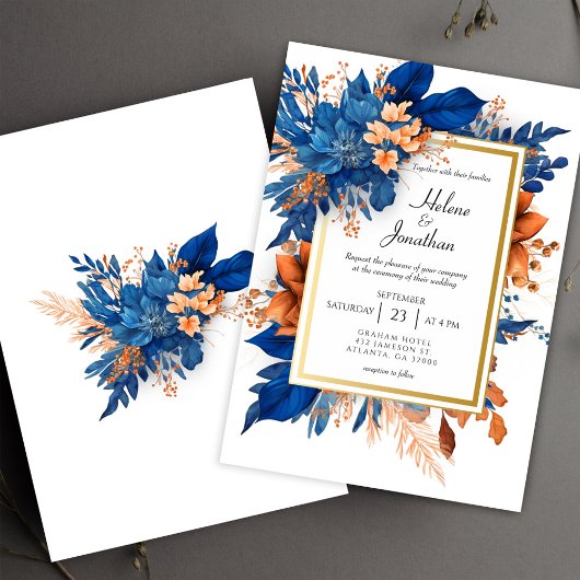 Invitation Cobalt Blue Orange Terracotta Boho Elégant Mariage