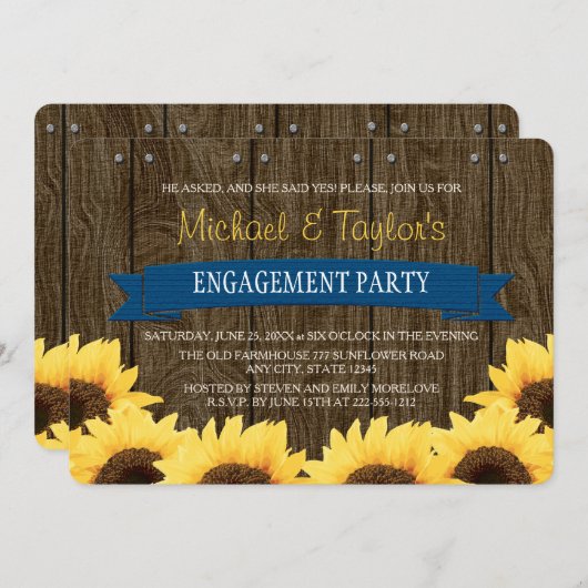 INVITATION COBALT BLUE RUSTIC SUNFLOWER ENGAGEMENT PARTY (Devant / Derrière)