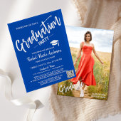 Invitation Cobalt Blue Script QR Code Photo Graduation Party
