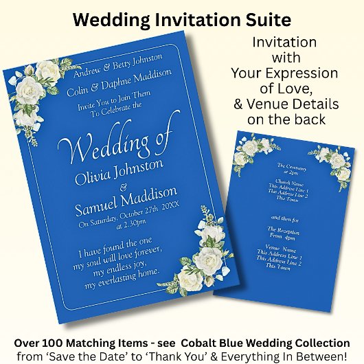 Invitation Cobalt Blue & White Roses Mariage Suite