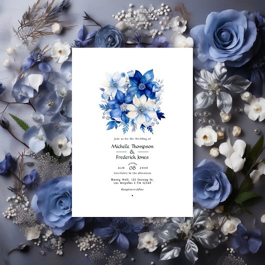 Invitation Cobalt galactique et Mariage floral argenté