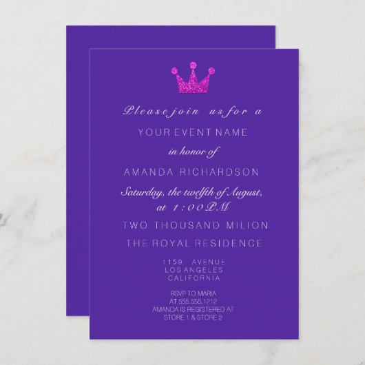 Invitation Cobalt violet roseCouronne Parties scintillant roy (Devant / Derrière)