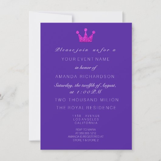 Invitation Cobalt violet roseCouronne Parties scintillant roy (Devant)