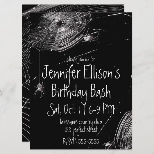 Invitation Cobwebs et araignées blanches Anniversaire (Devant / Derrière)