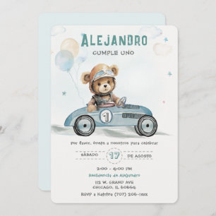 Invitation Coche de Carreras Osito Bebé Primer Cumpleaños