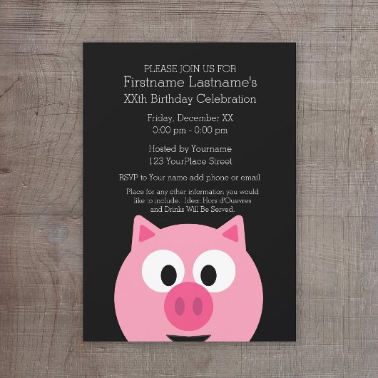 Invitation Cochon de ferme en caricatures - rose et noir