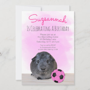 Invitation Cochon d'Inde Fille Rose Ballon de Football Annive