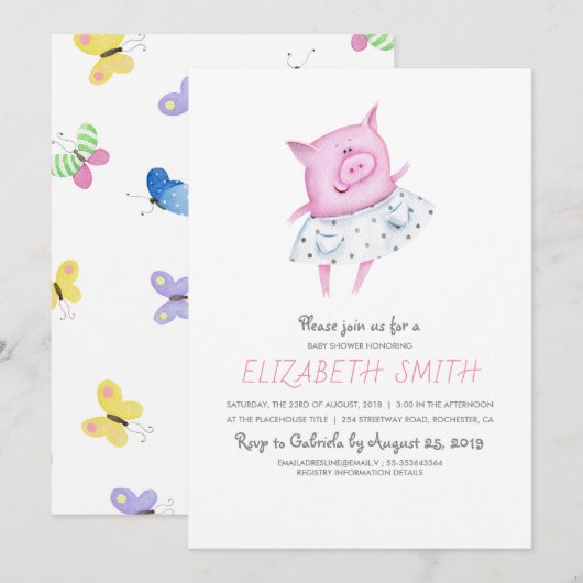 Invitation Cochon mignon | C'est un Baby shower de fille (Devant / Derrière)